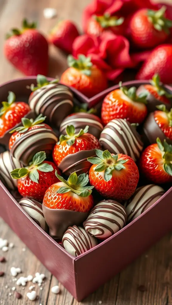 A heart-shaped box filled with chocolate-covered strawberries, some decorated with white chocolate drizzles, surrounded by fresh strawberries and roses.