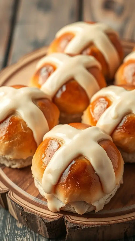 A plate of freshly baked hot cross buns with a shiny glaze on top.