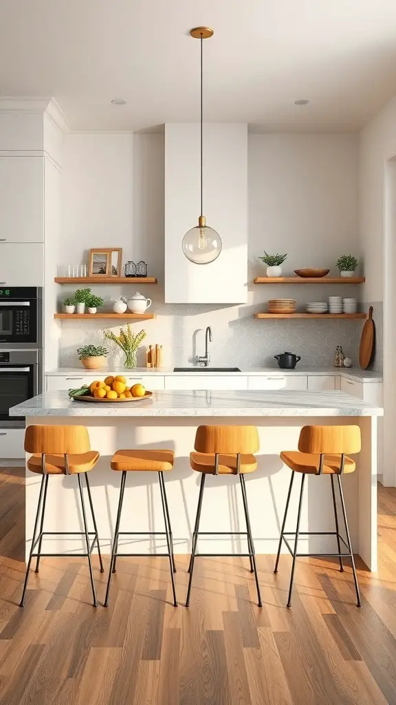 A modern kitchen with a stylish island, warm wooden stools, and open shelving.
