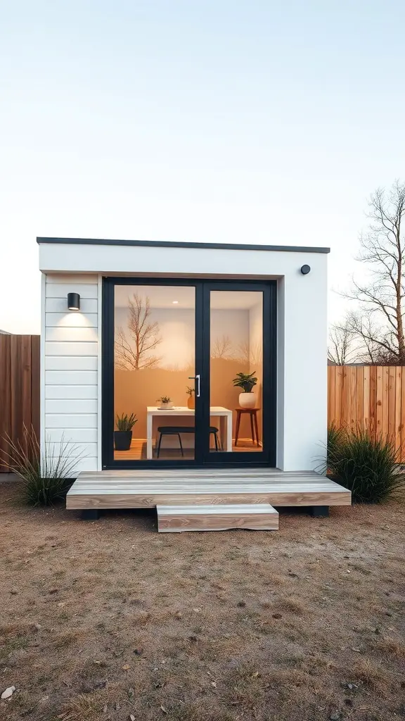 27+ Inspiring Tiny Shed House Ideas 10 A modern tiny shed house with large glass doors and a small wooden deck.