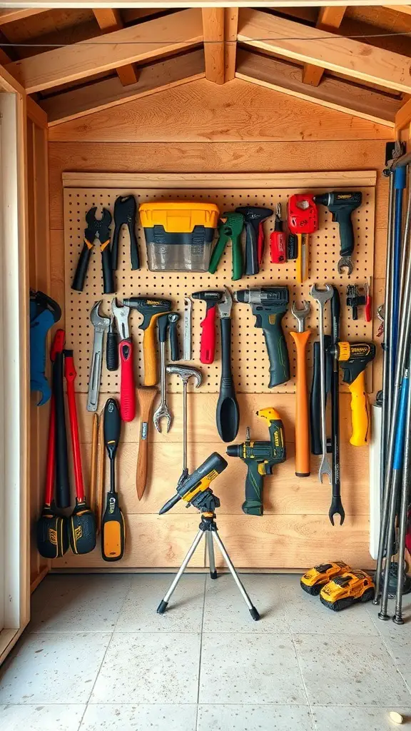 Organized tool shed with pegboard displaying various tools
