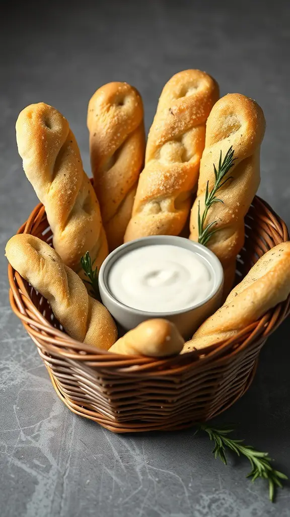A basket of rosemary garlic breadsticks with a creamy dip