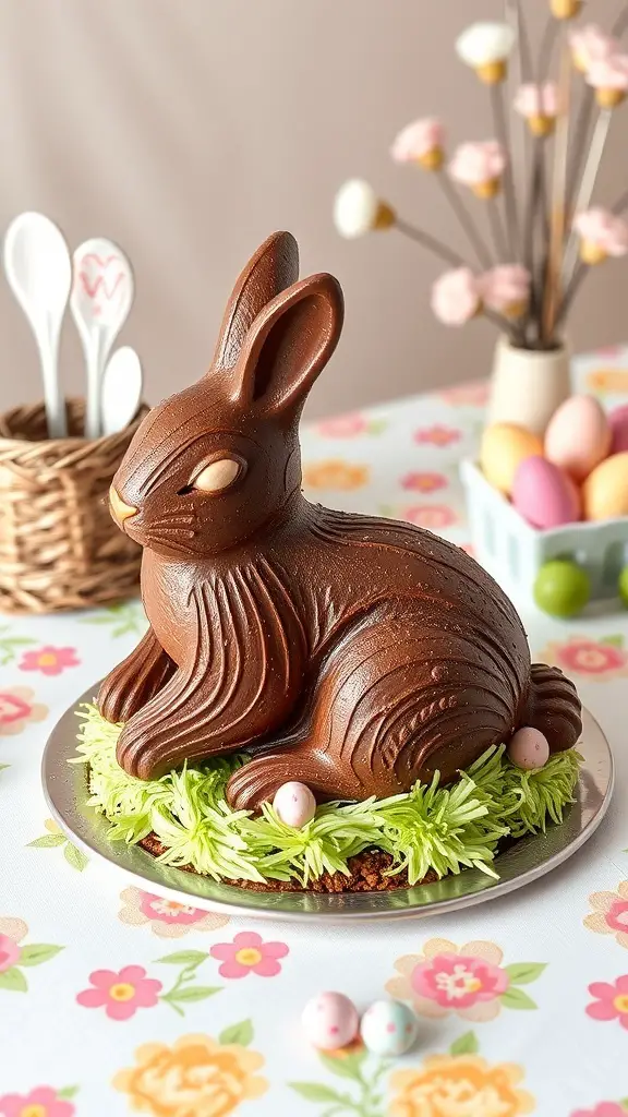 45+ Delightful Easter Desserts You Must Try This Year 9 A beautifully decorated chocolate bunny cake surrounded by green frosting and pastel eggs.