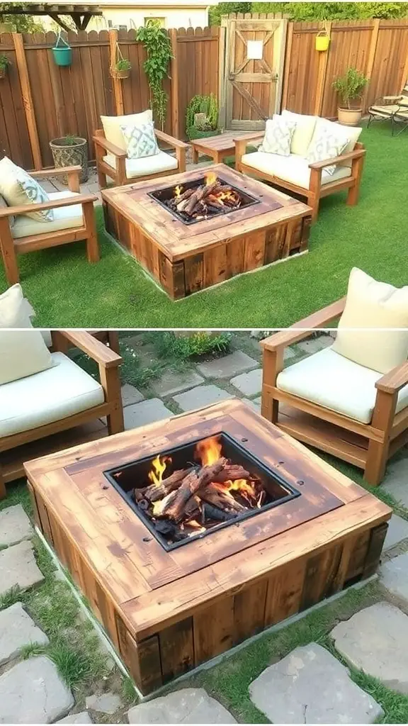 A DIY pallet wood fire pit surrounded by pebbles and seating, with flames burning in the center.