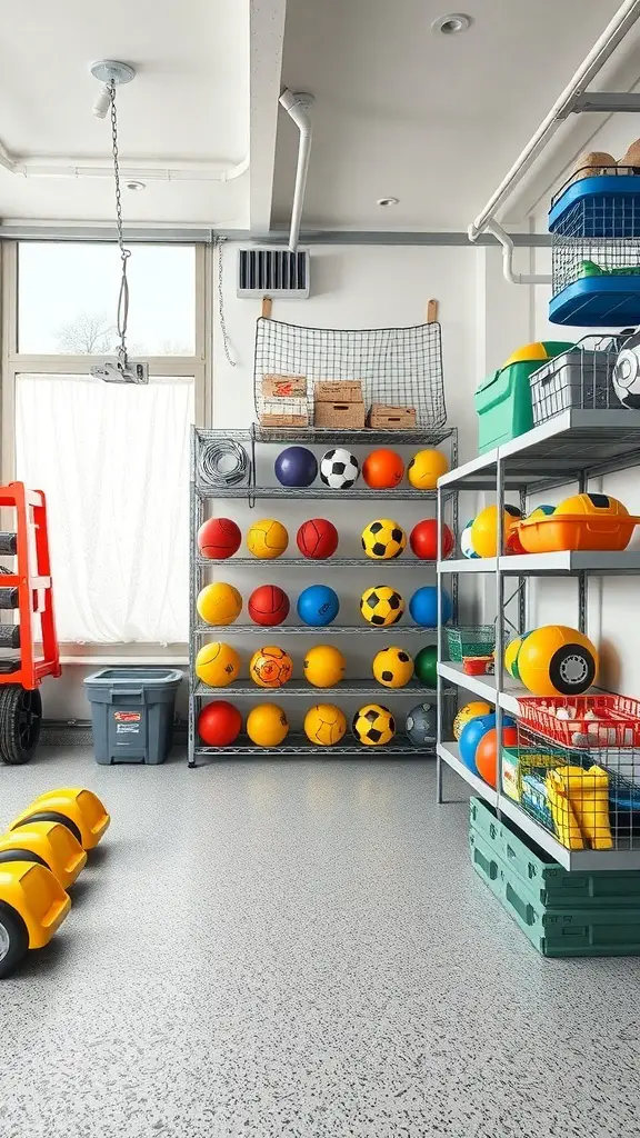 A well-organized ball storage garage with various sports balls on shelves and bins.