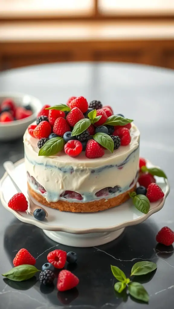 A beautiful Berry Basil Plant Cake topped with fresh berries and basil leaves.
