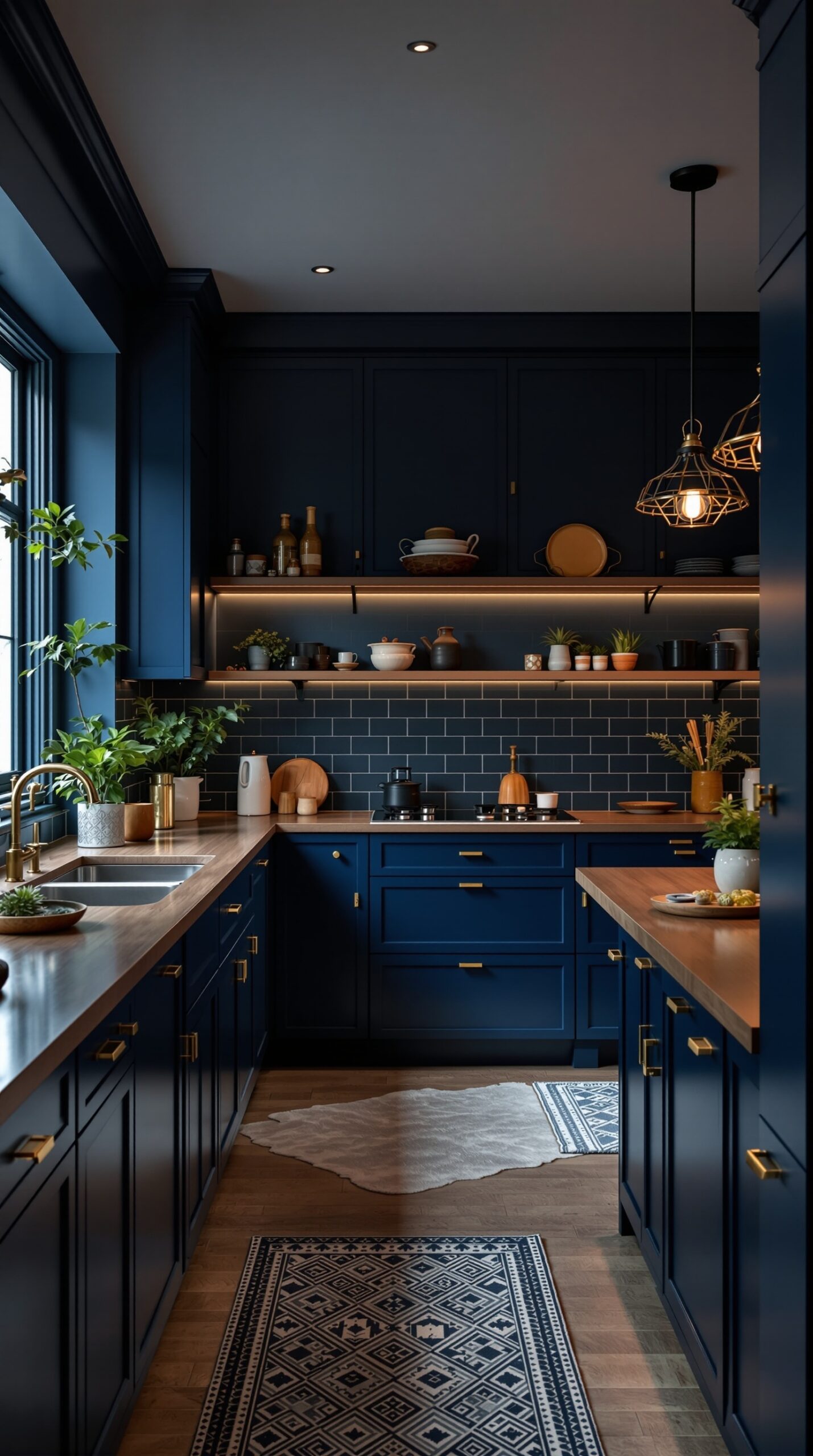 31+ Stylish Navy Blue Kitchen Ideas to Inspire Your Home 16 A stylish navy blue kitchen featuring pendant and recessed lighting fixtures.