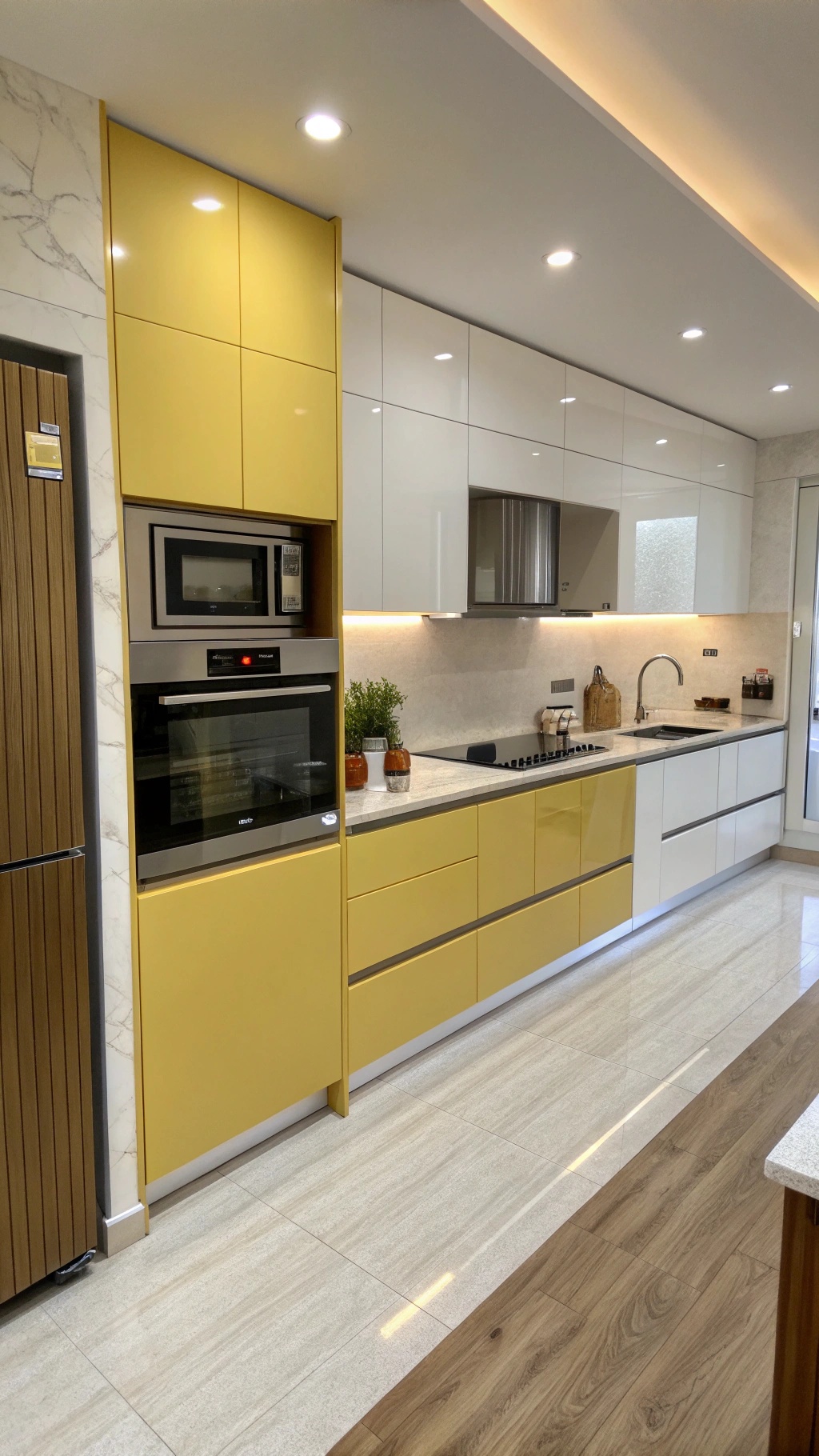 Modern kitchen featuring butter yellow cabinets with white and gray accents