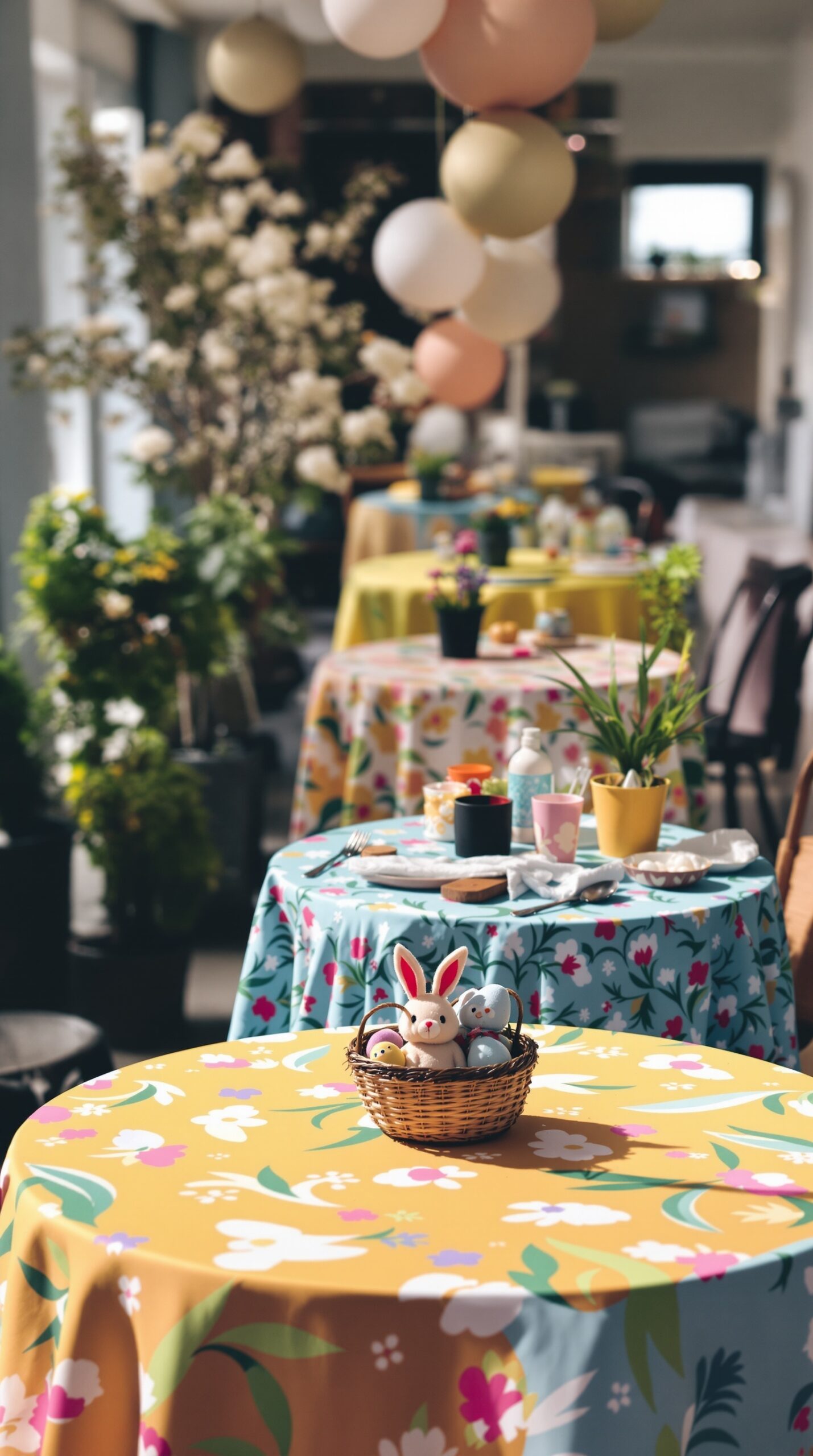 35+ Easter Party Decorations Ideas That Will Make Your Guests Say “Wait… You Did This Yourself?!” 7 Colorful tablecloths with floral patterns set for an Easter party, featuring baskets of decorative bunnies and eggs.
