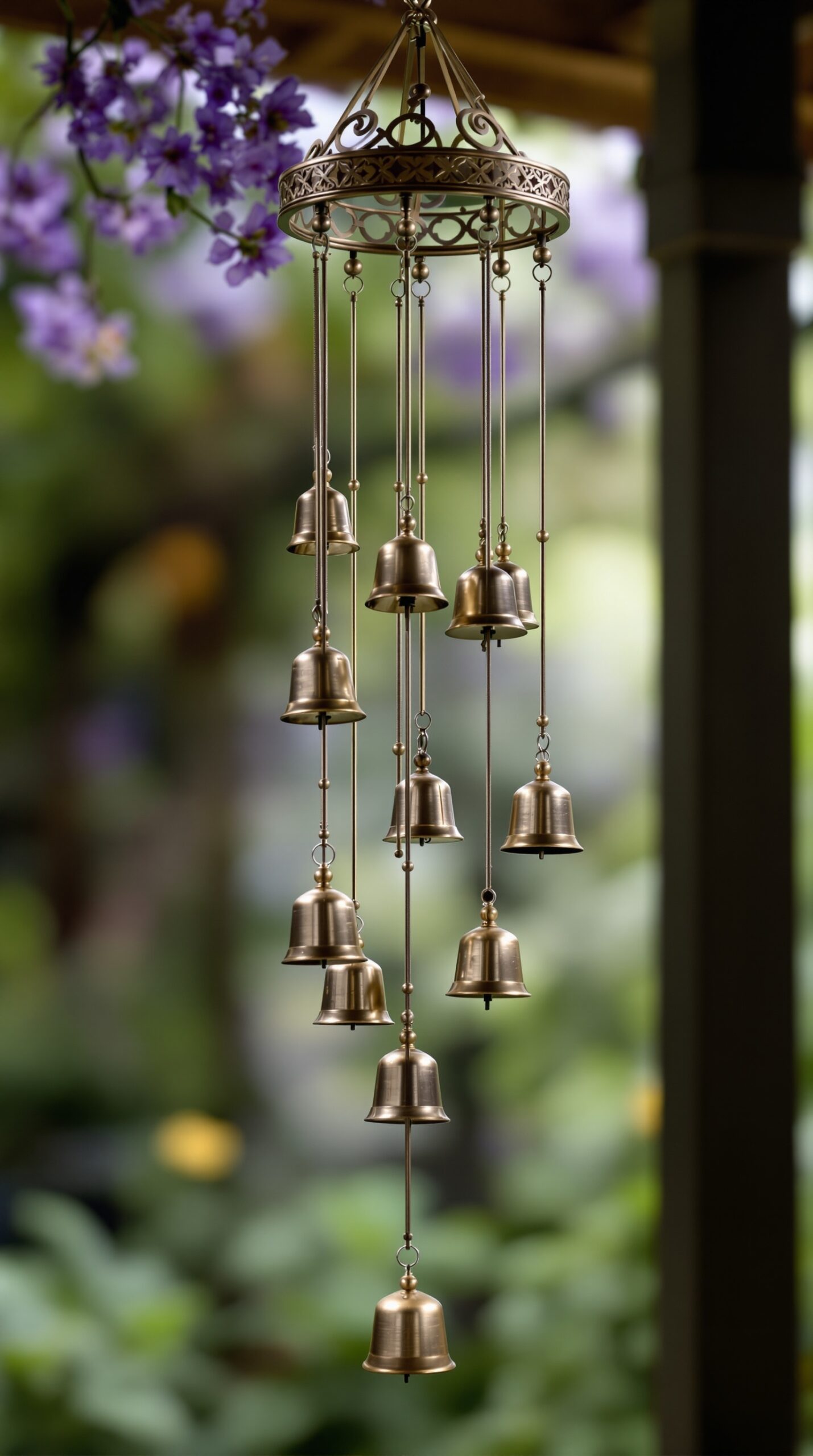 27+ DIY Wind Chime Ideas You Can Make on a Budget (Beautiful & Easy Projects) 16 A decorative wind chime made of small brass bells hanging from a circular frame, surrounded by greenery.