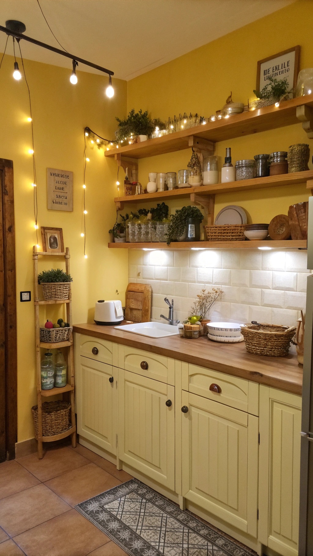 A cozy kitchen with butter yellow walls, wooden shelves, and decorative lights.