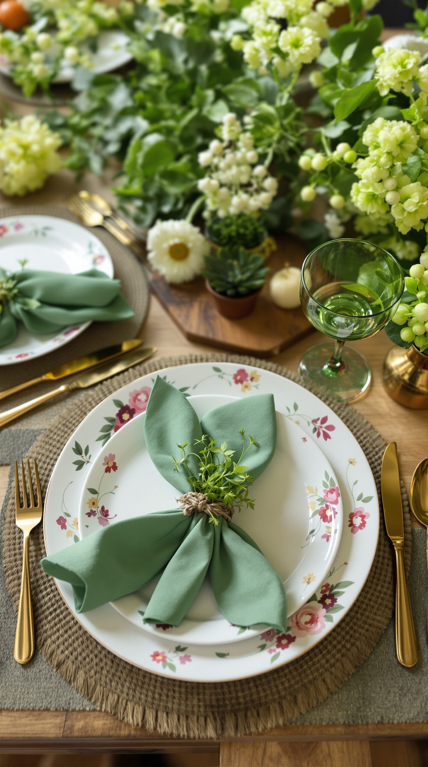 Charming table setting for a little sprout baby shower featuring floral plates, green napkins, gold flatware, and fresh greenery.