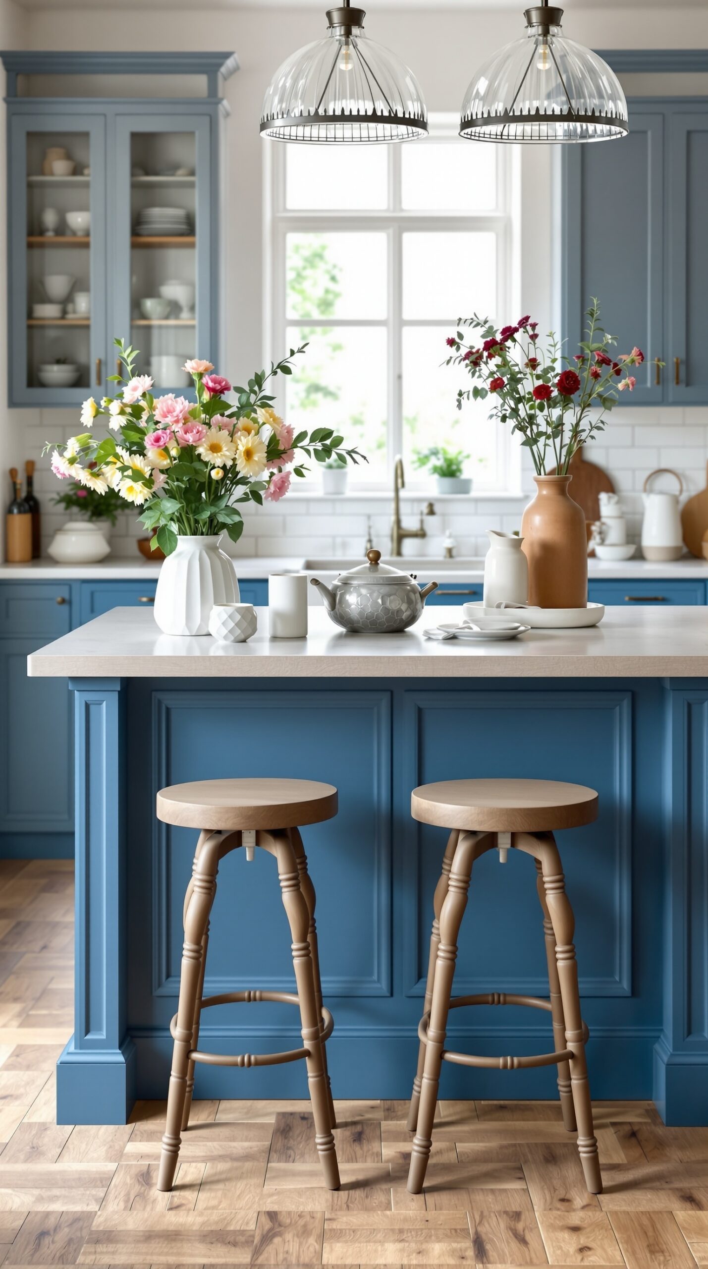 A French blue kitchen island with wooden stools and decorative items.
