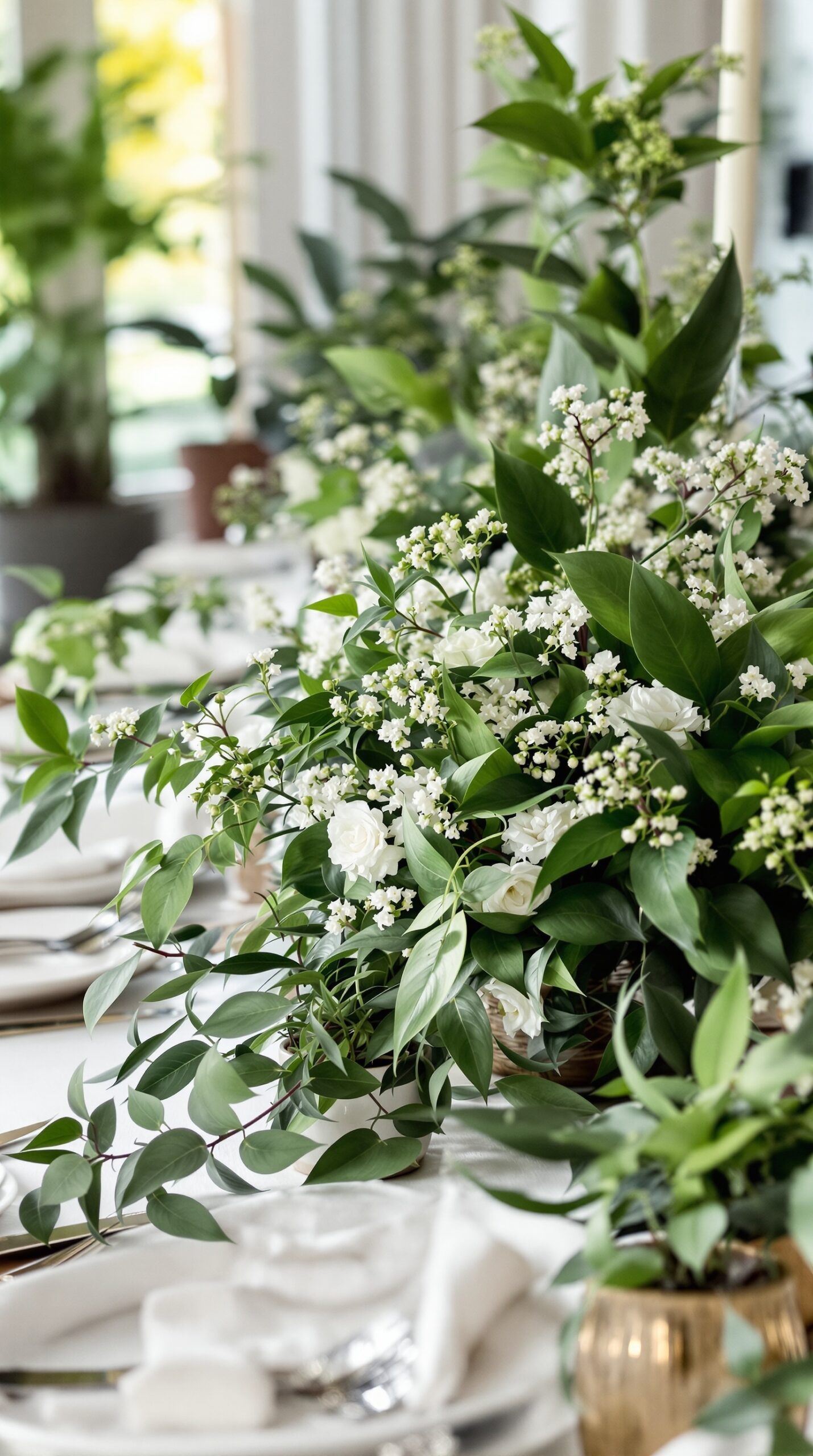 A beautiful arrangement of greenery and white flowers as a centerpiece for a baby shower.