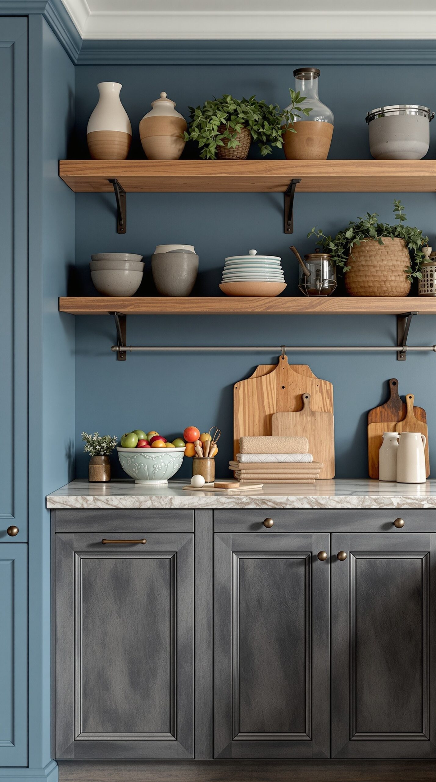 A French blue kitchen featuring wooden shelves with various kitchenware, dark cabinetry, and a marble countertop.