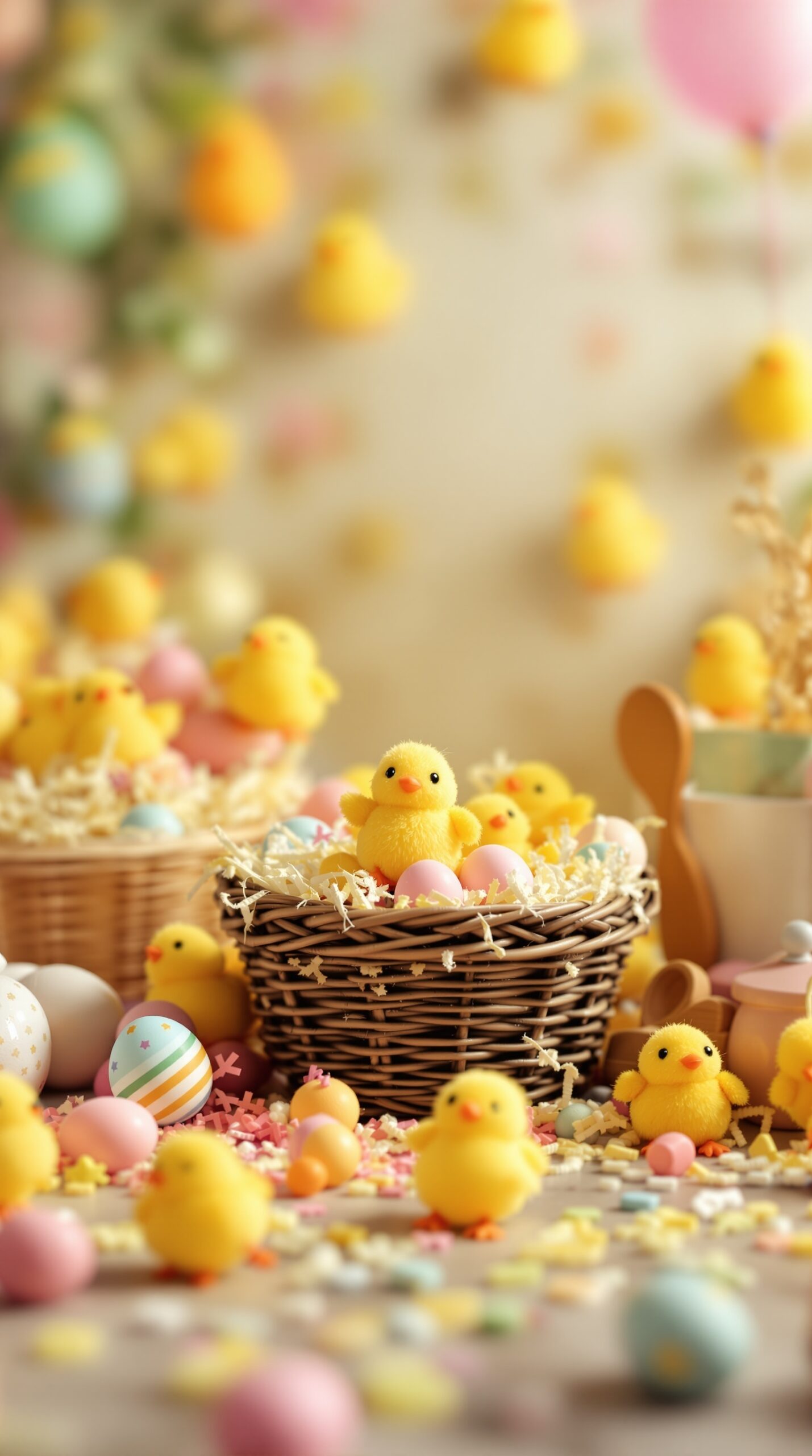 35+ Easter Party Decorations Ideas That Will Make Your Guests Say “Wait… You Did This Yourself?!” 3 Colorful Easter decorations featuring yellow chicks and pastel eggs