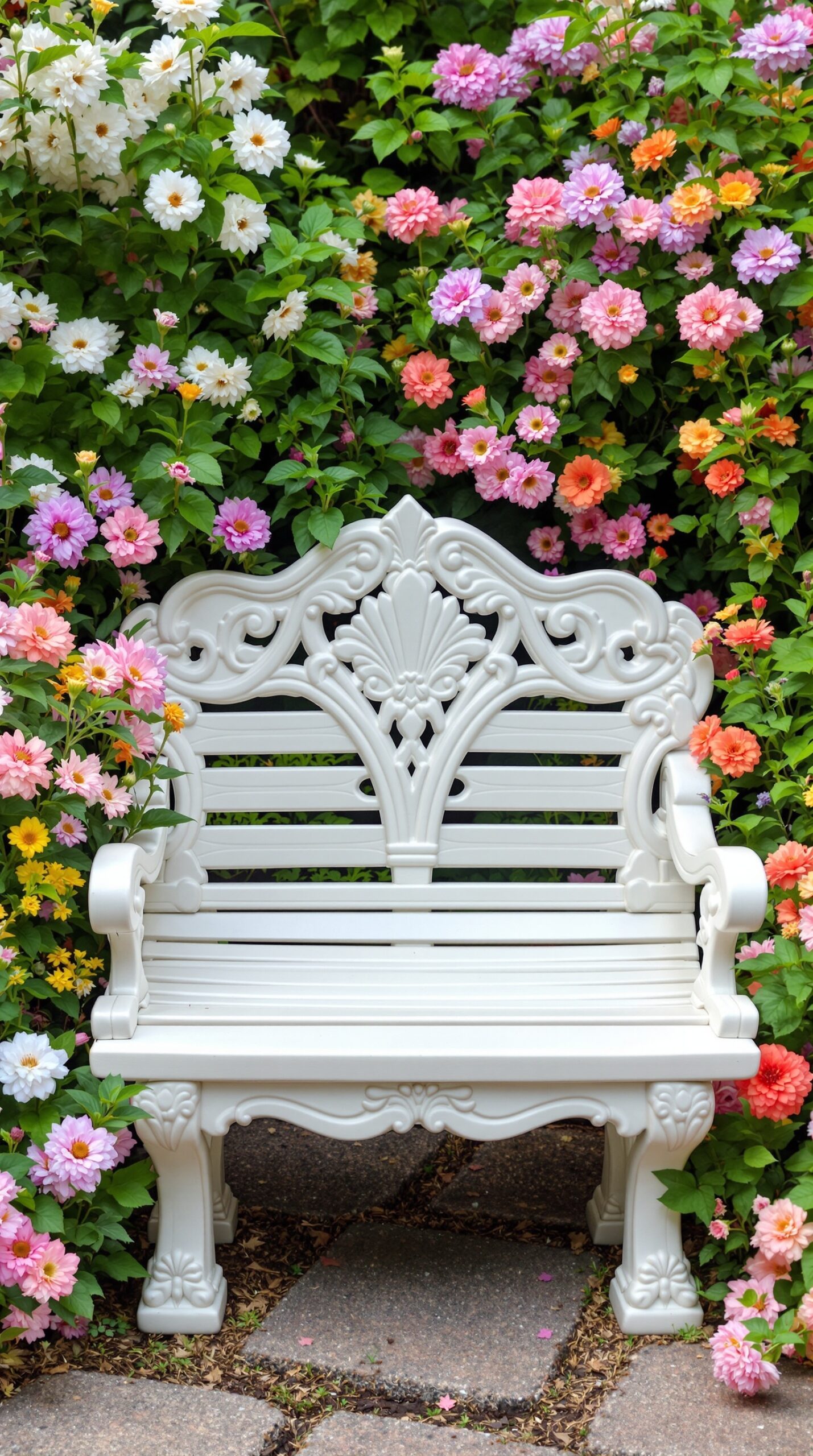 A white ceramic garden bench surrounded by colorful flowers