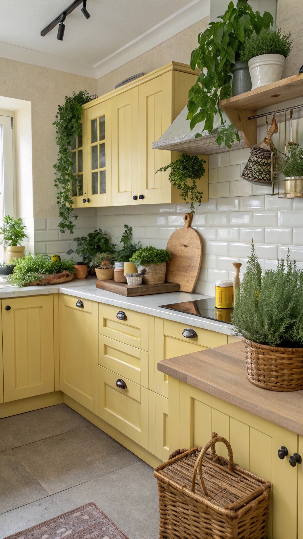 A bright butter yellow kitchen with green plants, wooden accents, and natural light.