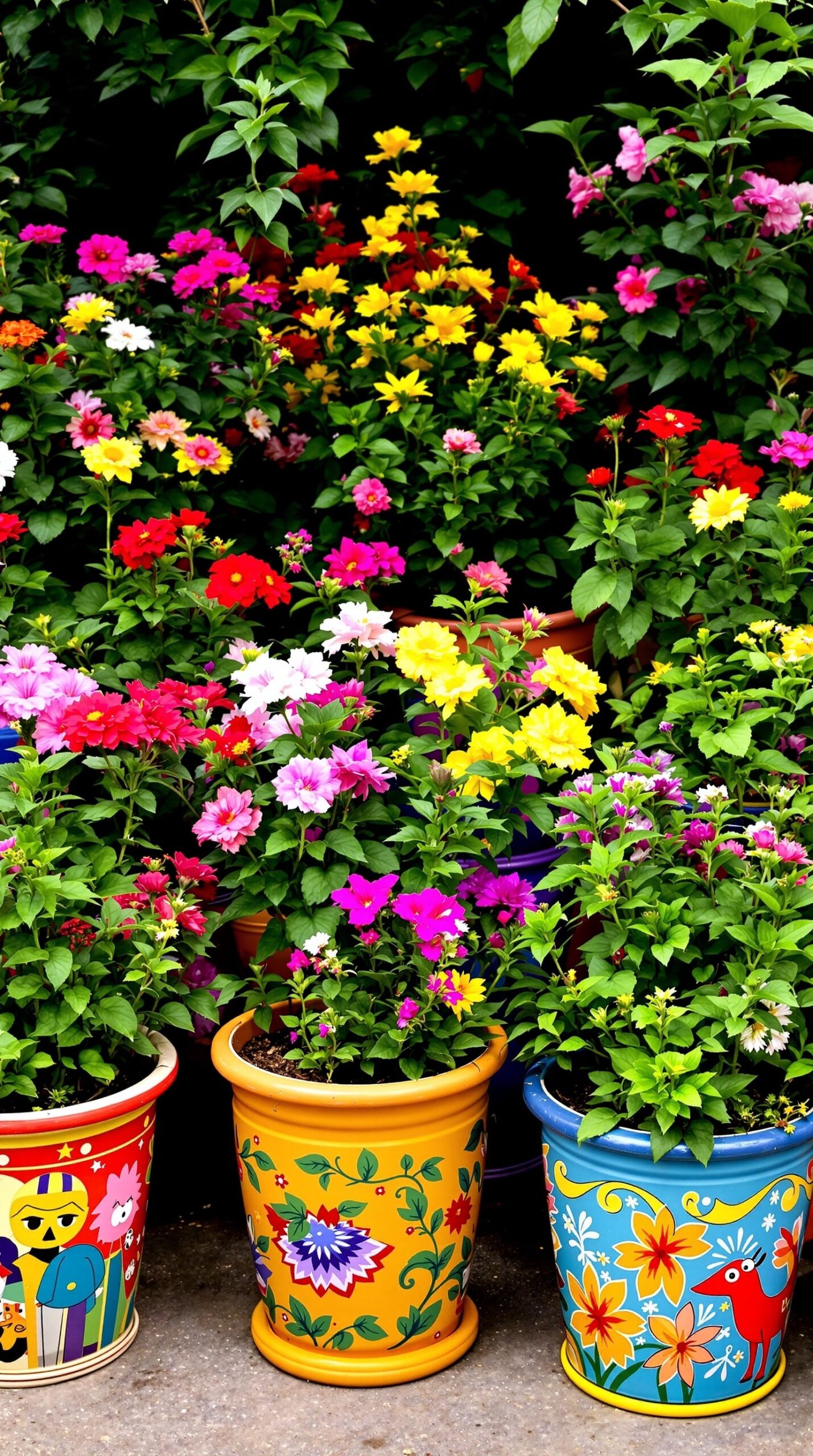 Colorful ceramic flower pots filled with vibrant flowers in a garden setting.