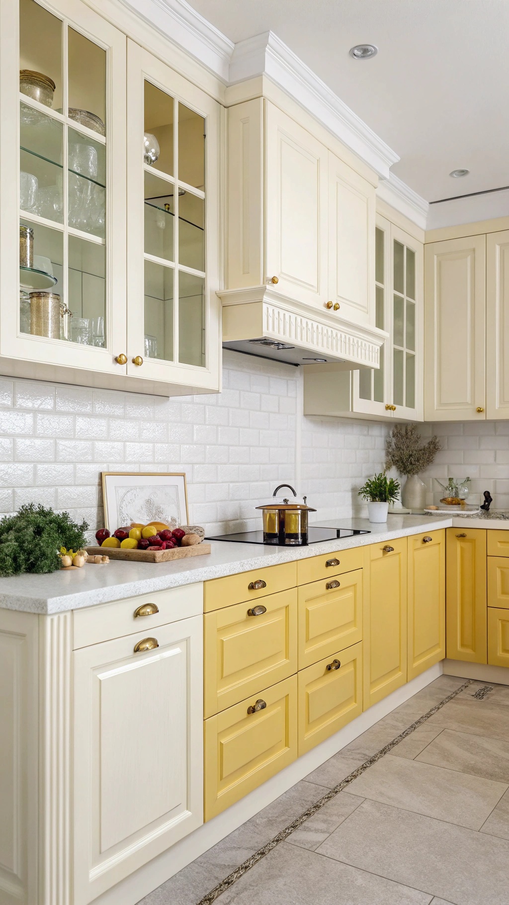 A bright kitchen featuring butter yellow cabinets and white walls, with a countertop adorned with fruits and herbs.