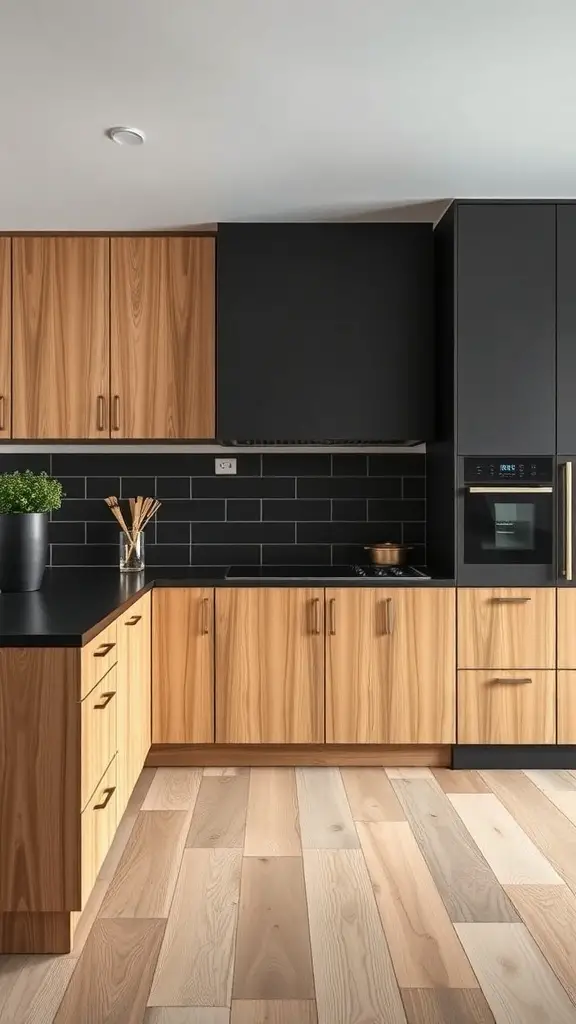 A modern kitchen featuring two-tone cabinets with black lower cabinets and wood upper cabinets.