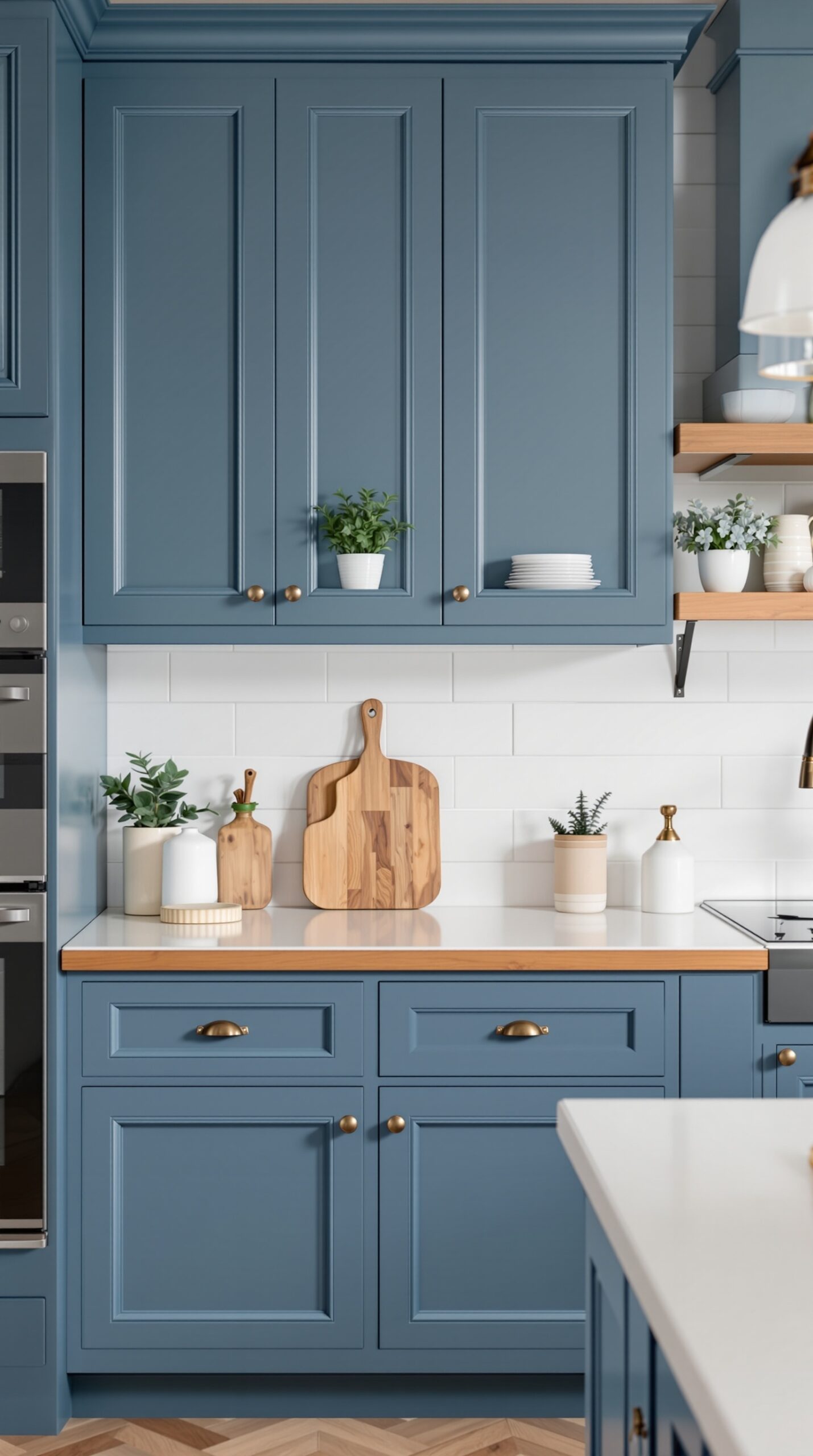 A stylish kitchen featuring French blue cabinetry, wooden countertops, white tiles, and decorative plants.