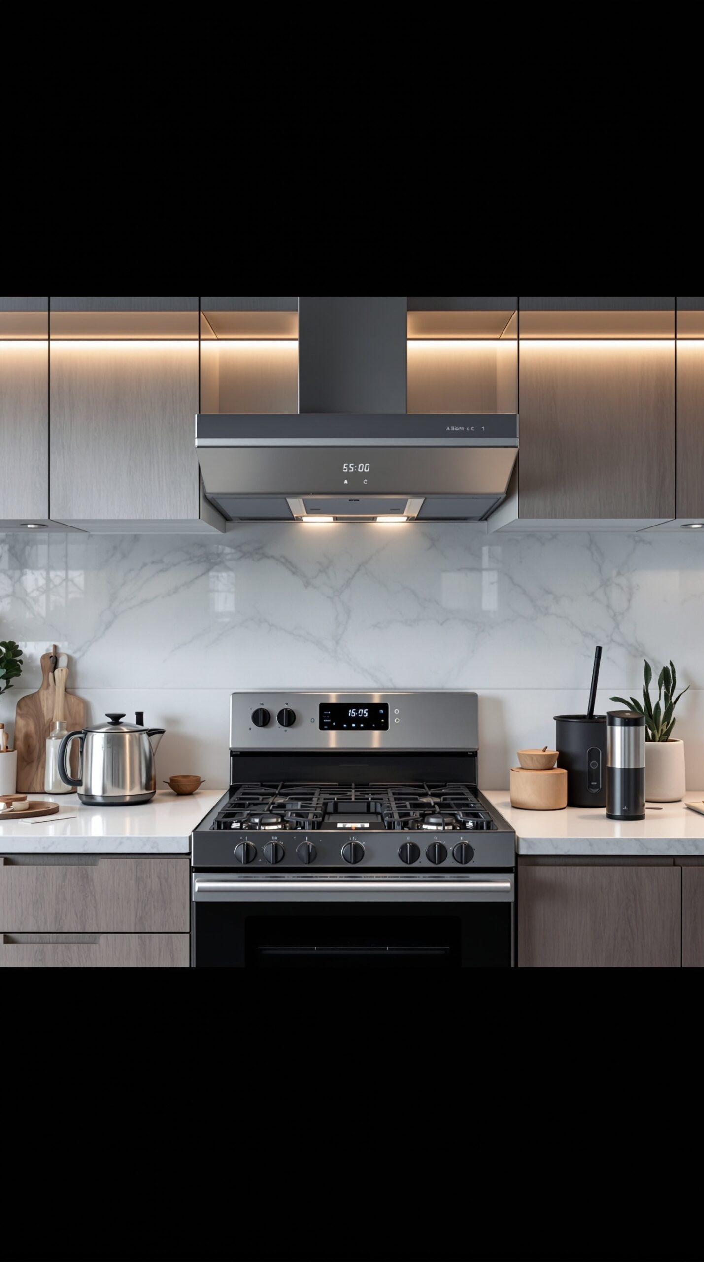A modern kitchen featuring a gas stove and a smart range hood with a digital display.