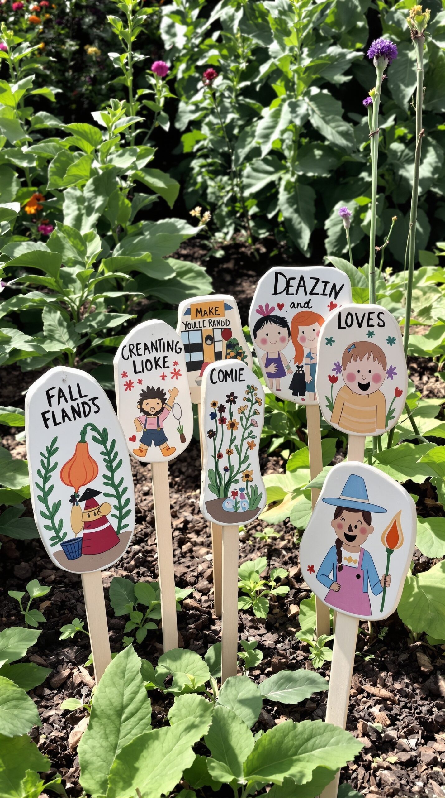 Colorful ceramic plant markers with playful designs in a garden