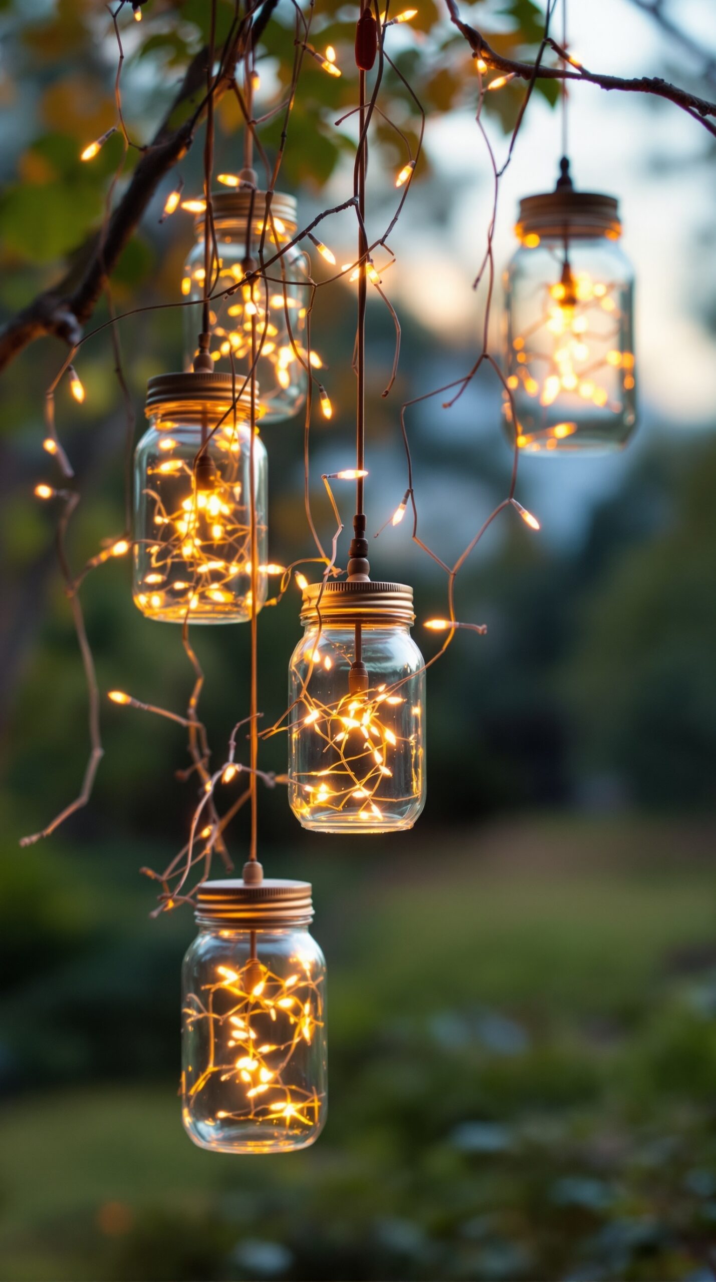 27+ DIY Wind Chime Ideas You Can Make on a Budget (Beautiful & Easy Projects) 13 Mason jar wind chimes with fairy lights hanging from branches
