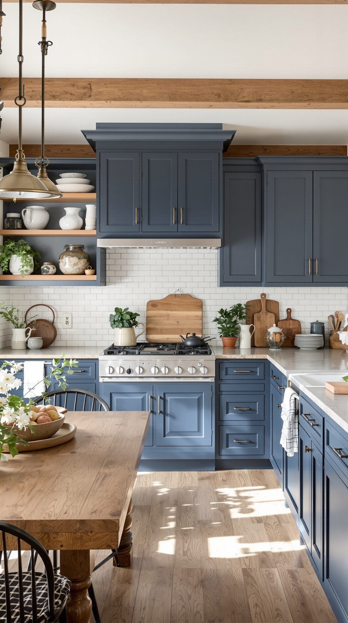 31+ Stylish Navy Blue Kitchen Ideas to Inspire Your Home 3 A rustic navy blue kitchen featuring wooden accents, open shelving, and a large dining table.