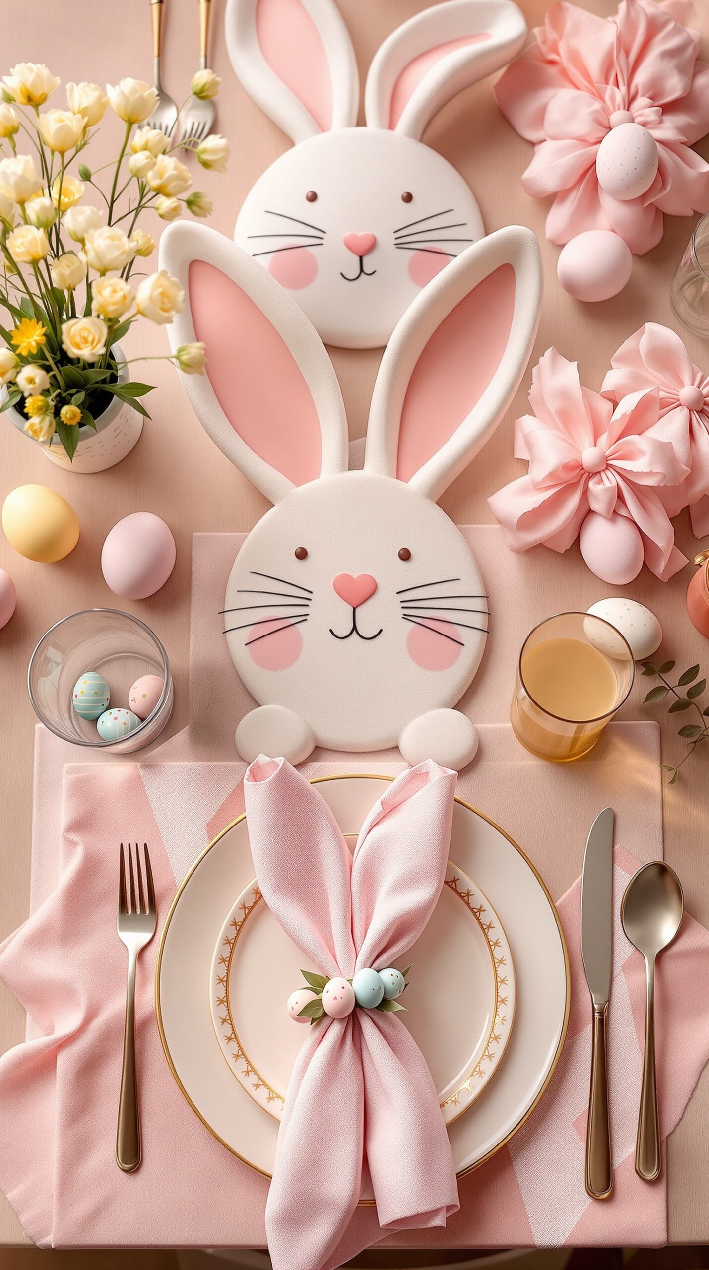 35+ Easter Party Decorations Ideas That Will Make Your Guests Say “Wait… You Did This Yourself?!” 4 A beautifully arranged Easter table setting featuring bunny-shaped plates, pastel colors, flowers, and decorative eggs.