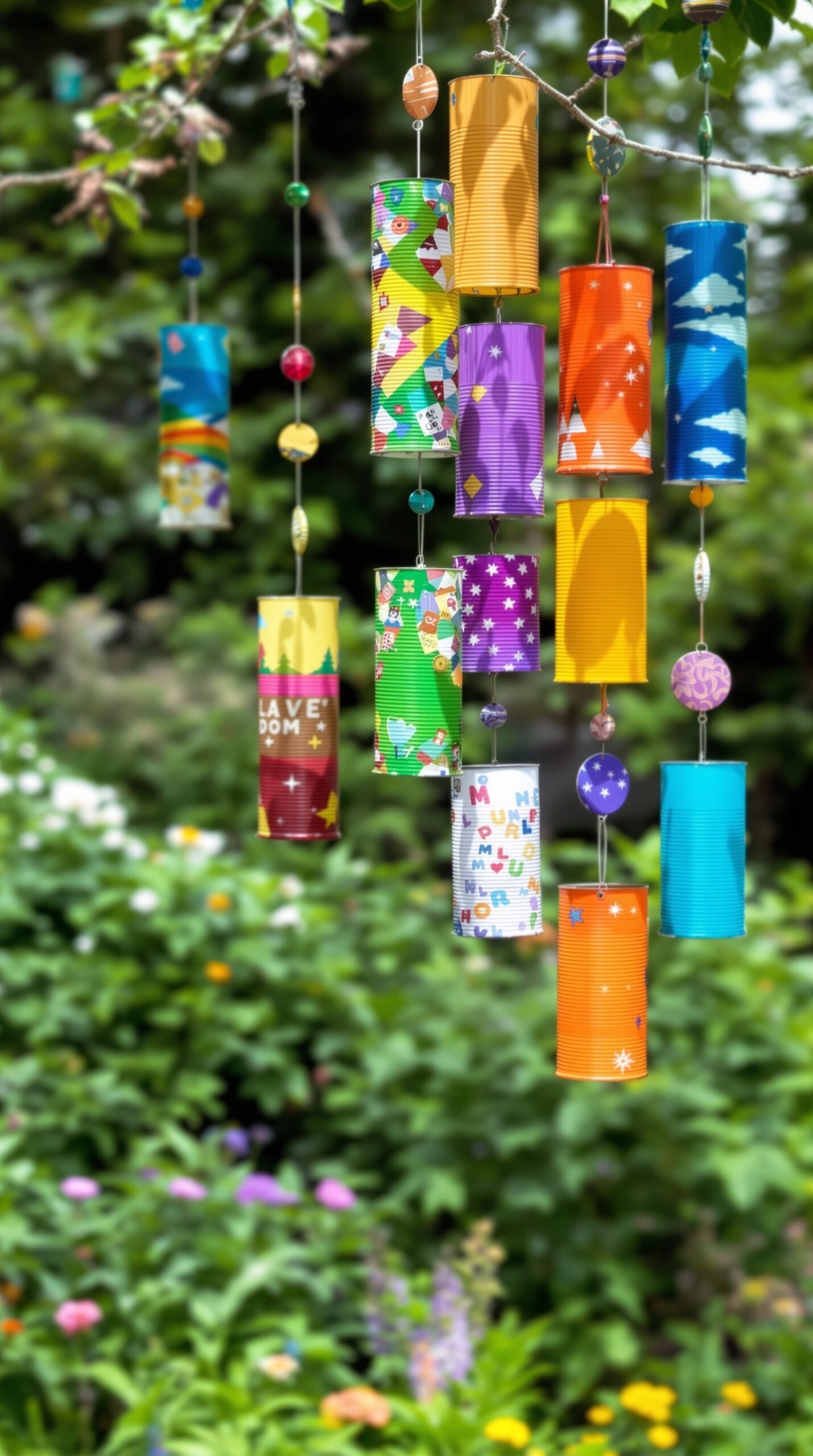 27+ DIY Wind Chime Ideas You Can Make on a Budget (Beautiful & Easy Projects) 2 Colorful upcycled tin can wind chimes hanging in a garden