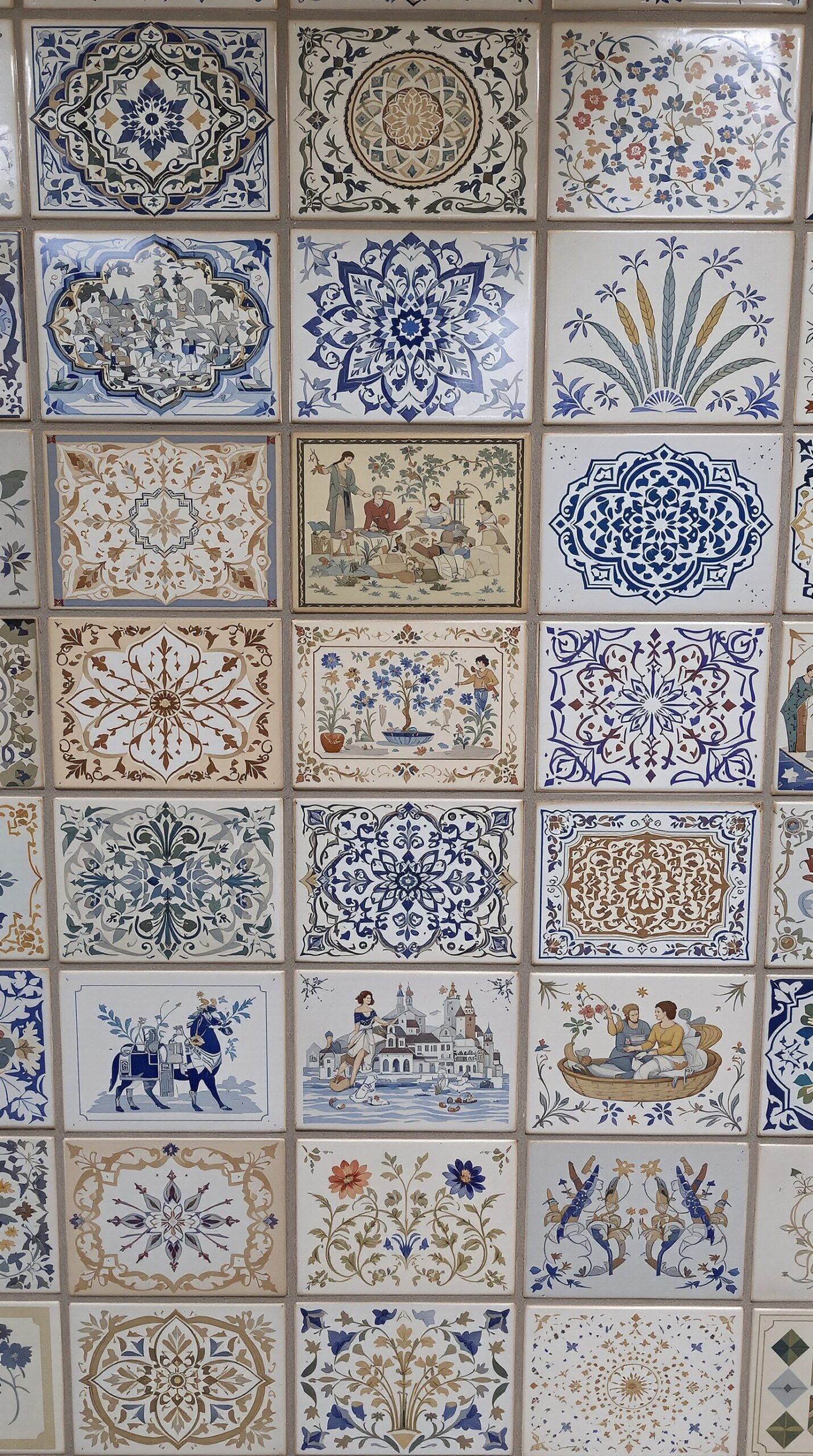 A collection of colorful ceramic wall tiles featuring various intricate designs and patterns.