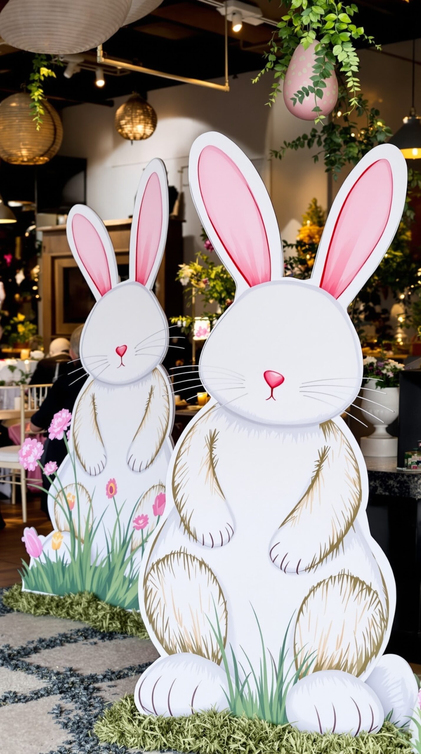 35+ Easter Party Decorations Ideas That Will Make Your Guests Say “Wait… You Did This Yourself?!” 15 Two Easter Bunny cutouts with pink ears and floral decorations