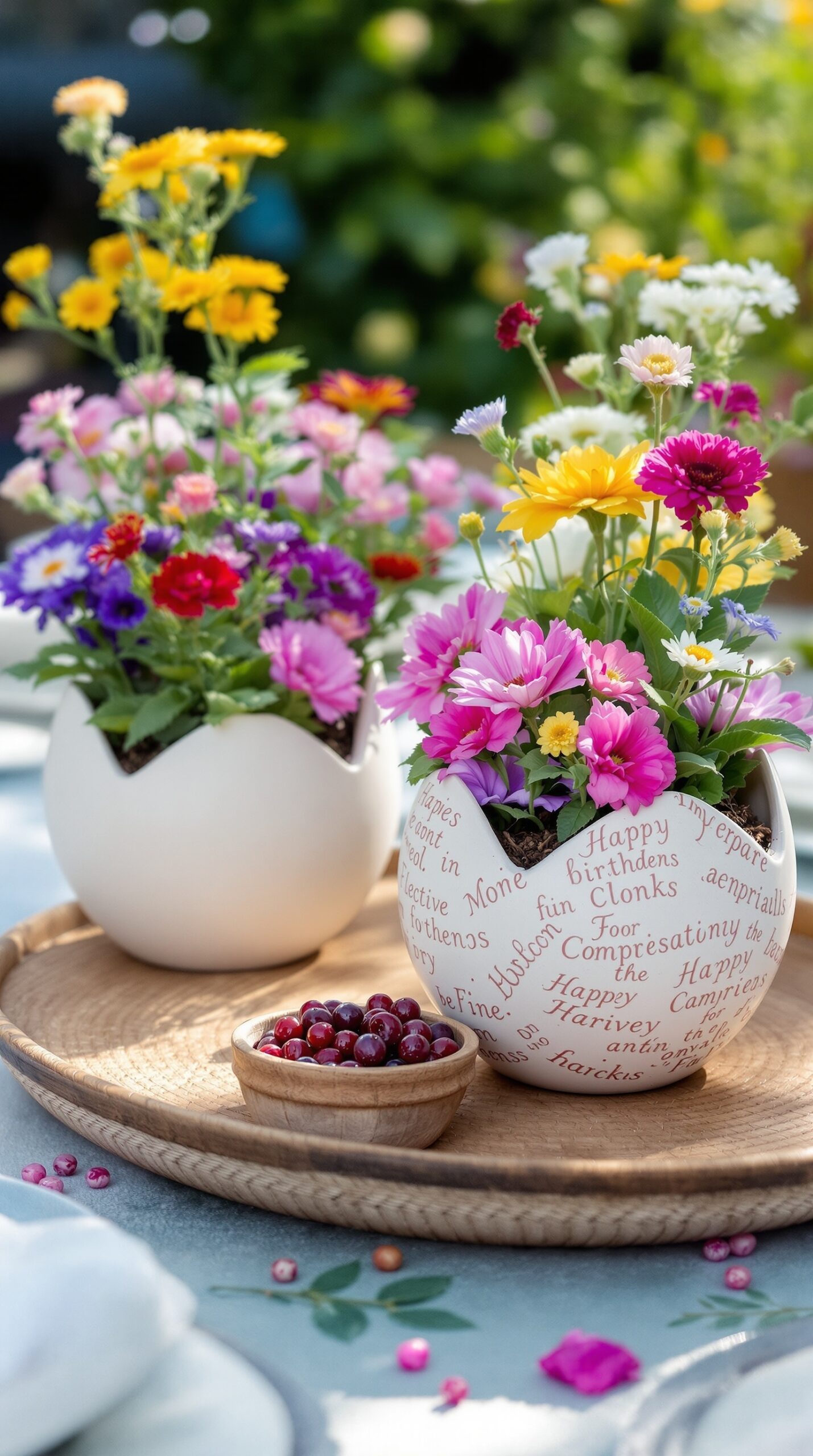 35+ Easter Party Decorations Ideas That Will Make Your Guests Say “Wait… You Did This Yourself?!” 12 Colorful flowers in eggshell planters on a wooden tray with berries