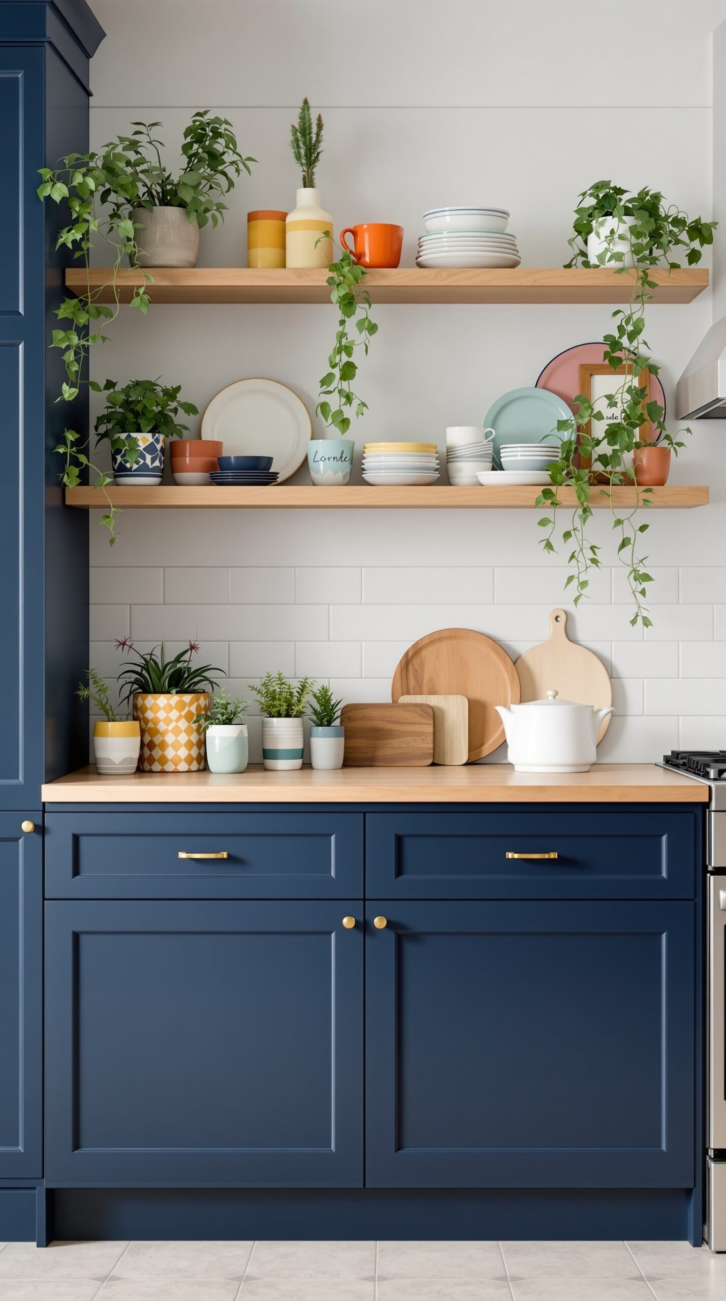 31+ Stylish Navy Blue Kitchen Ideas to Inspire Your Home 4 A navy blue kitchen featuring open shelving with colorful dishes and plants.