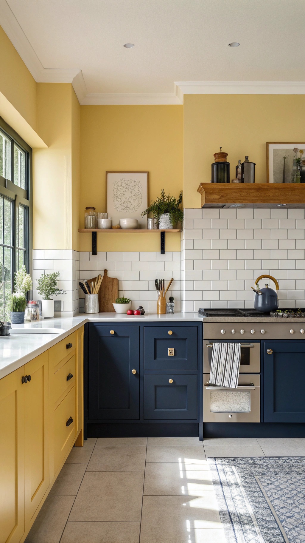 A bright kitchen featuring butter yellow walls and navy cabinets, with white subway tiles and plants for decoration.