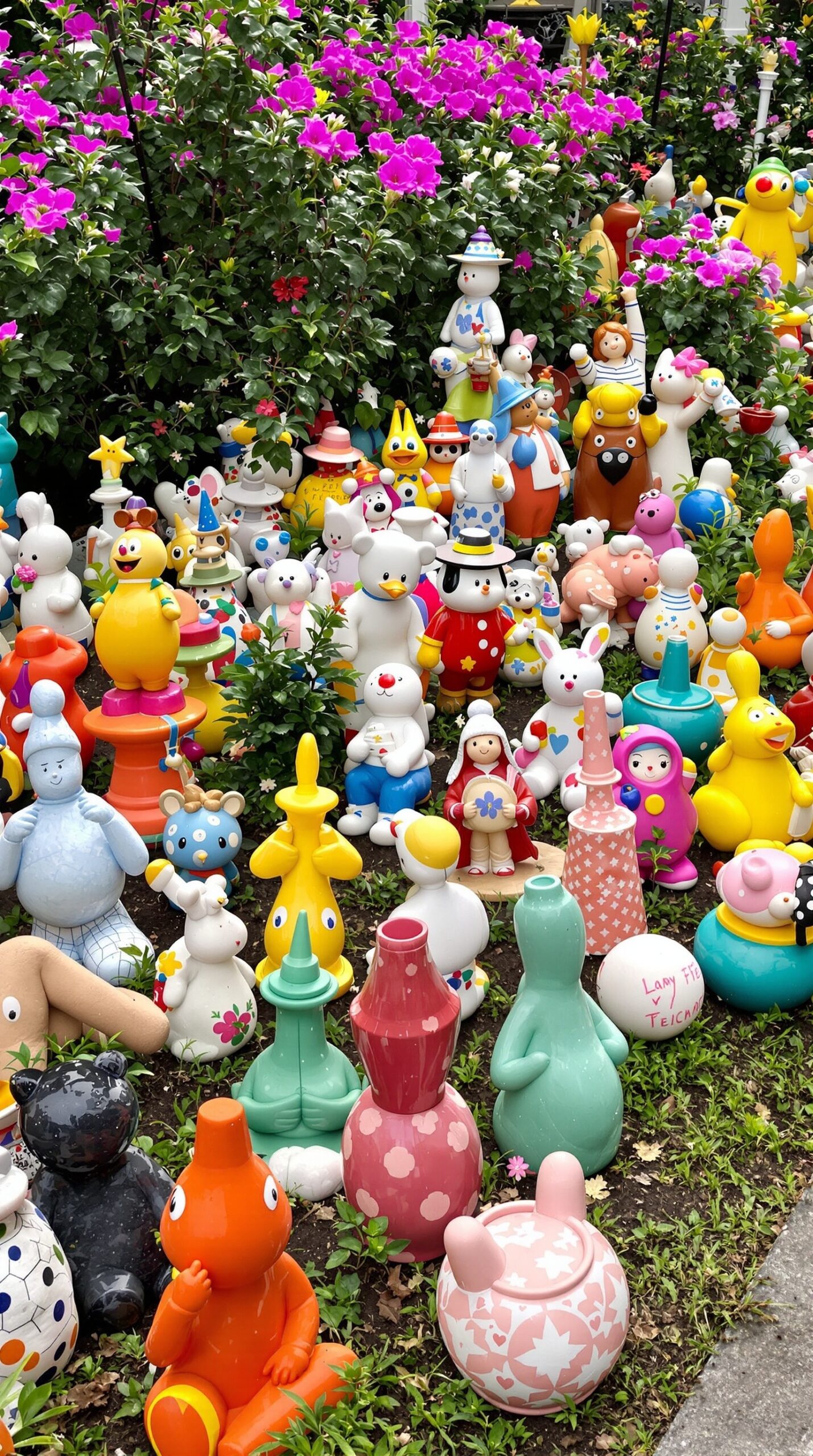 A vibrant collection of colorful ceramic garden ornaments surrounded by flowers.