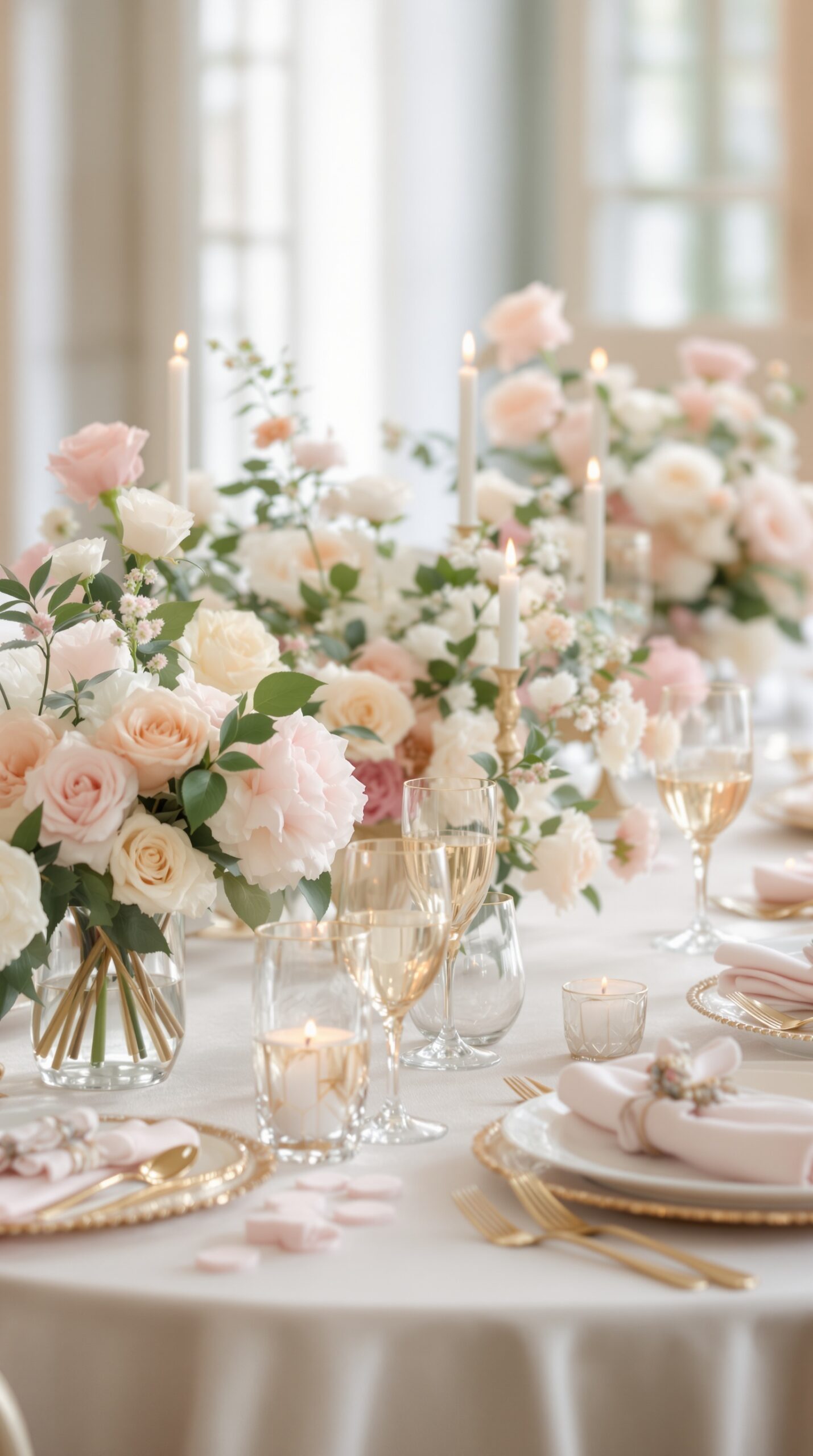 35+ Easter Party Decorations Ideas That Will Make Your Guests Say “Wait… You Did This Yourself?!” 5 Elegant floral centerpieces with pastel roses and candles on a dining table
