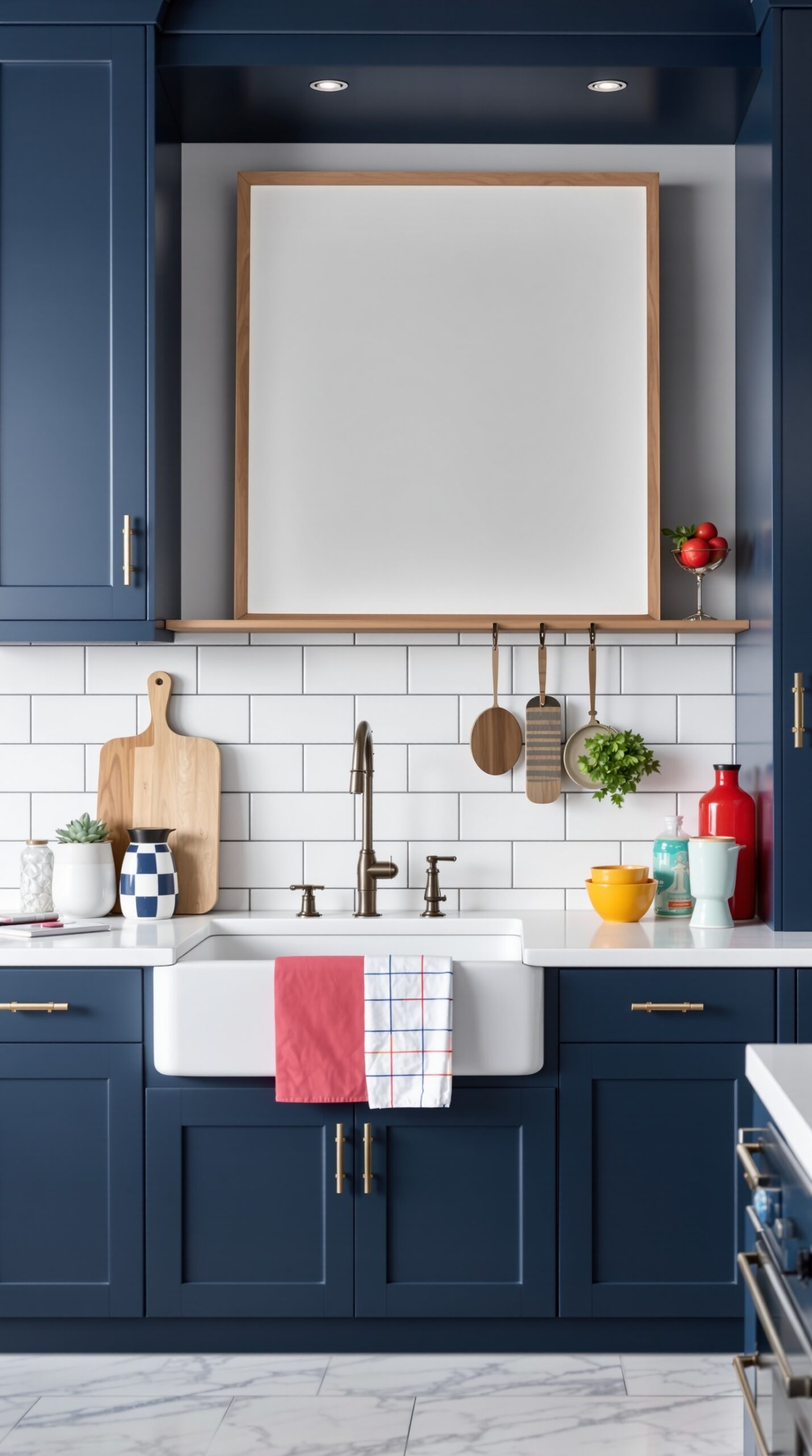 31+ Stylish Navy Blue Kitchen Ideas to Inspire Your Home 8 A navy blue kitchen featuring a white subway tile backsplash, showcasing various kitchen accessories.