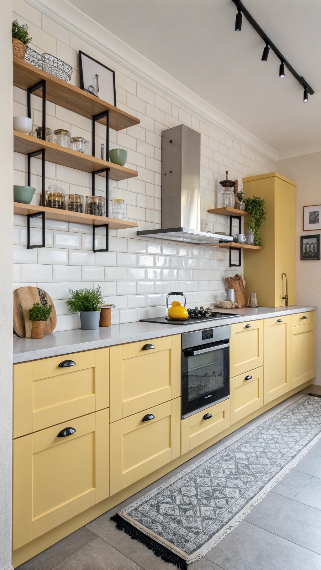 A bright kitchen featuring butter yellow cabinetry, open shelves, and modern appliances.