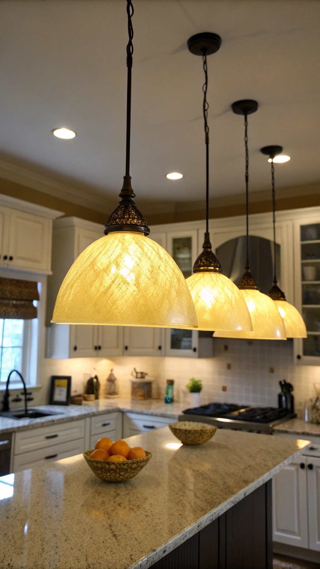 Butter yellow pendant lighting fixtures hanging over a kitchen island