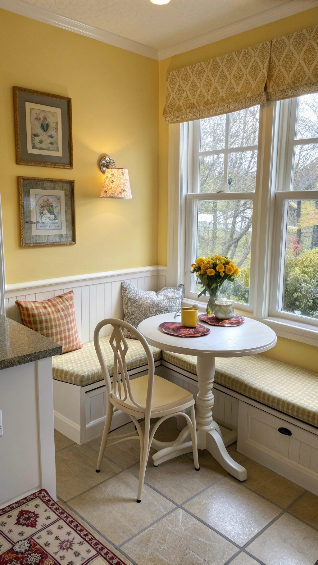 Cozy breakfast nook with butter yellow walls, round table, and comfortable seating.