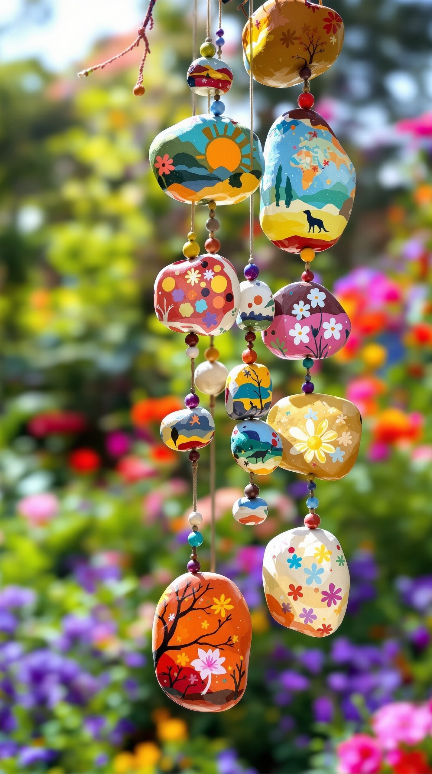 27+ DIY Wind Chime Ideas You Can Make on a Budget (Beautiful & Easy Projects) 14 Colorful painted rock wind chimes hanging in a garden