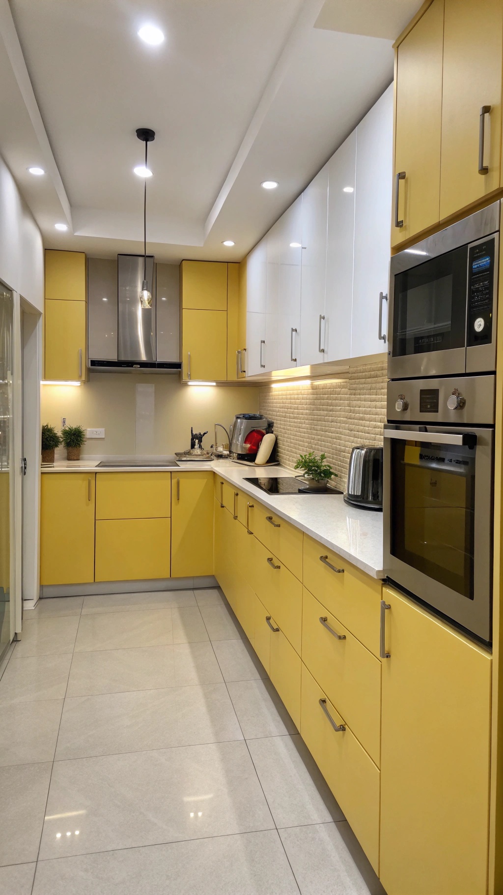 A modern kitchen featuring butter yellow cabinets, white upper cabinets, and sleek appliances.