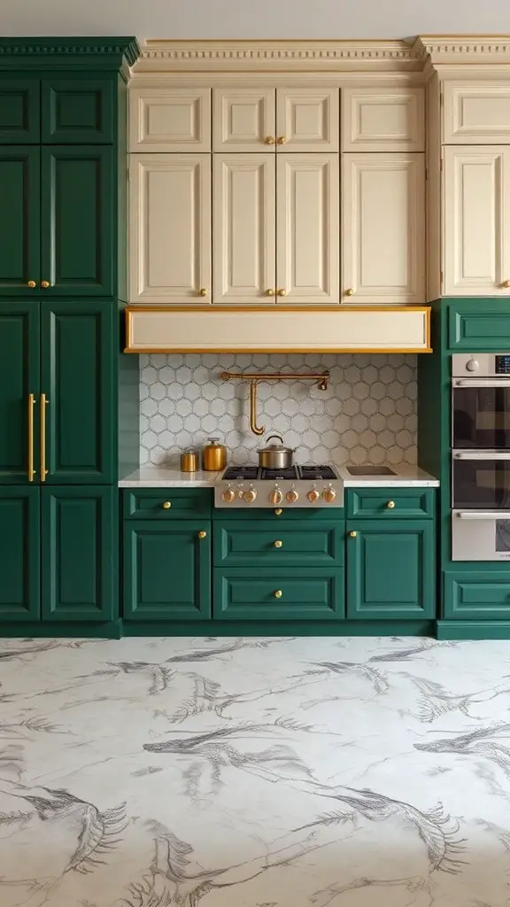 A two-tone kitchen featuring deep green lower cabinets and cream upper cabinets with gold hardware.