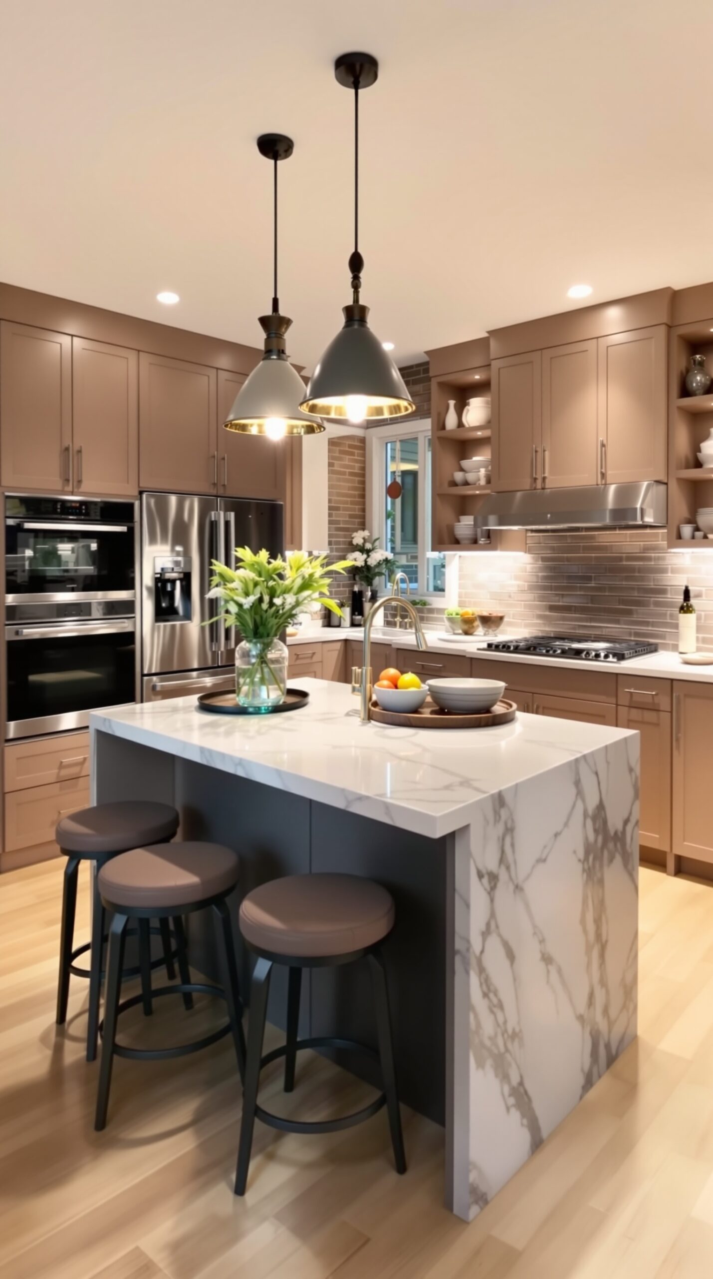 A modern kitchen with a functional island, featuring a marble countertop and seating, perfect for cooking and socializing.