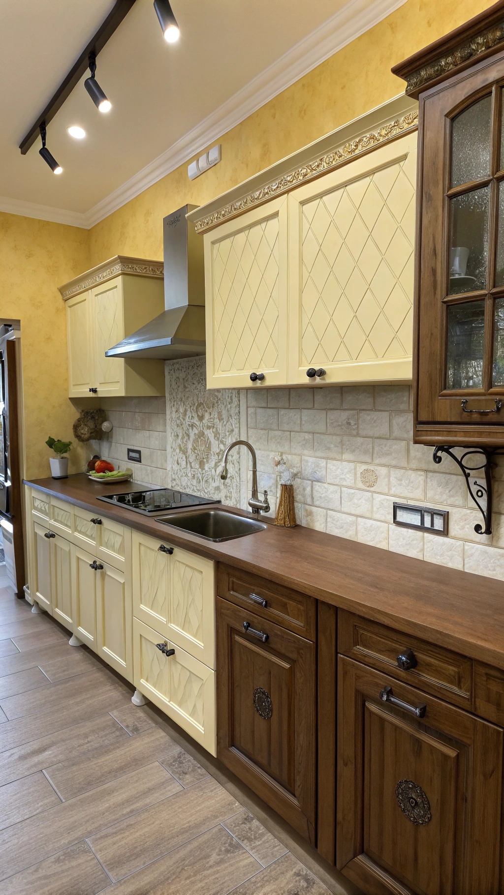 A butter yellow kitchen featuring light yellow cabinets with a diamond pattern, dark wooden countertops, and a patterned tile backsplash.