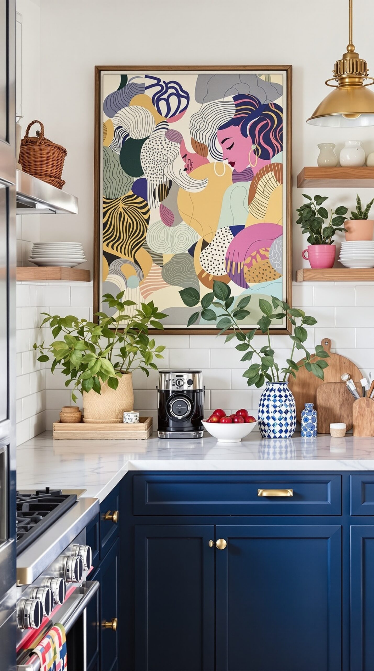 31+ Stylish Navy Blue Kitchen Ideas to Inspire Your Home 13 A stylish navy blue kitchen featuring bold artwork, plants, and decorative items.