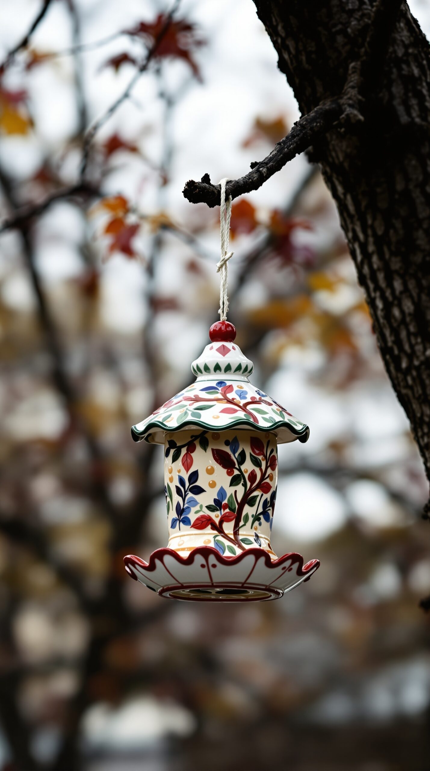 A colorful ceramic bird feeder hanging from a tree branch, featuring floral designs.